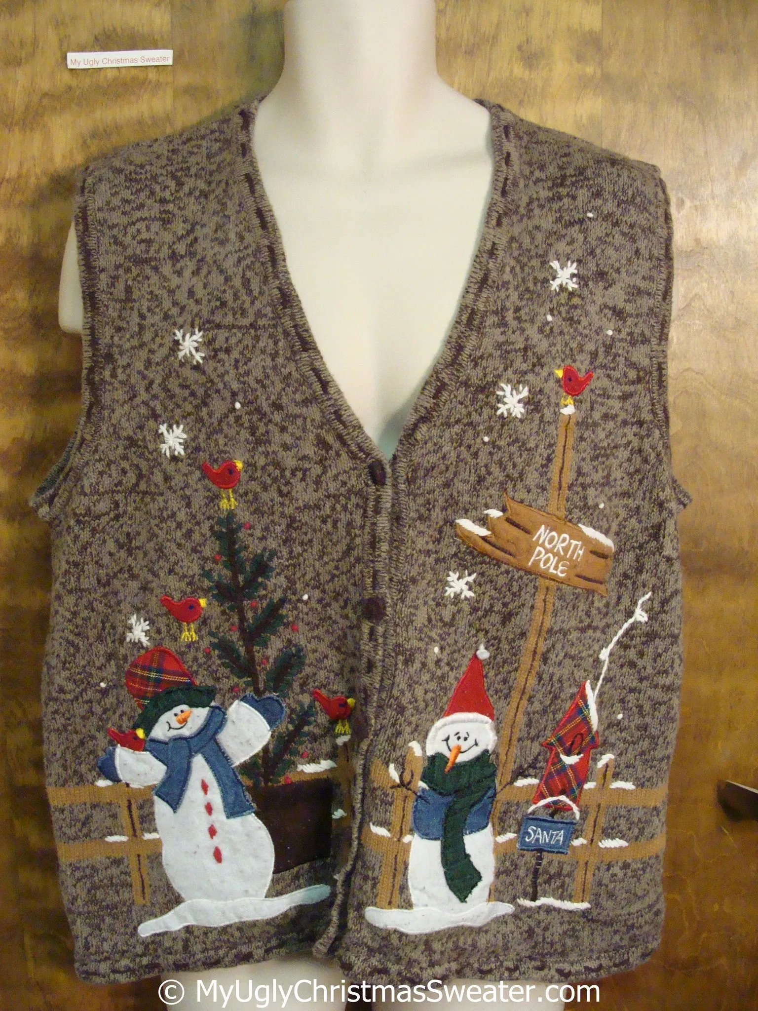 Brown Cheap Christmas Sweater Vest with Snowmen and Bird