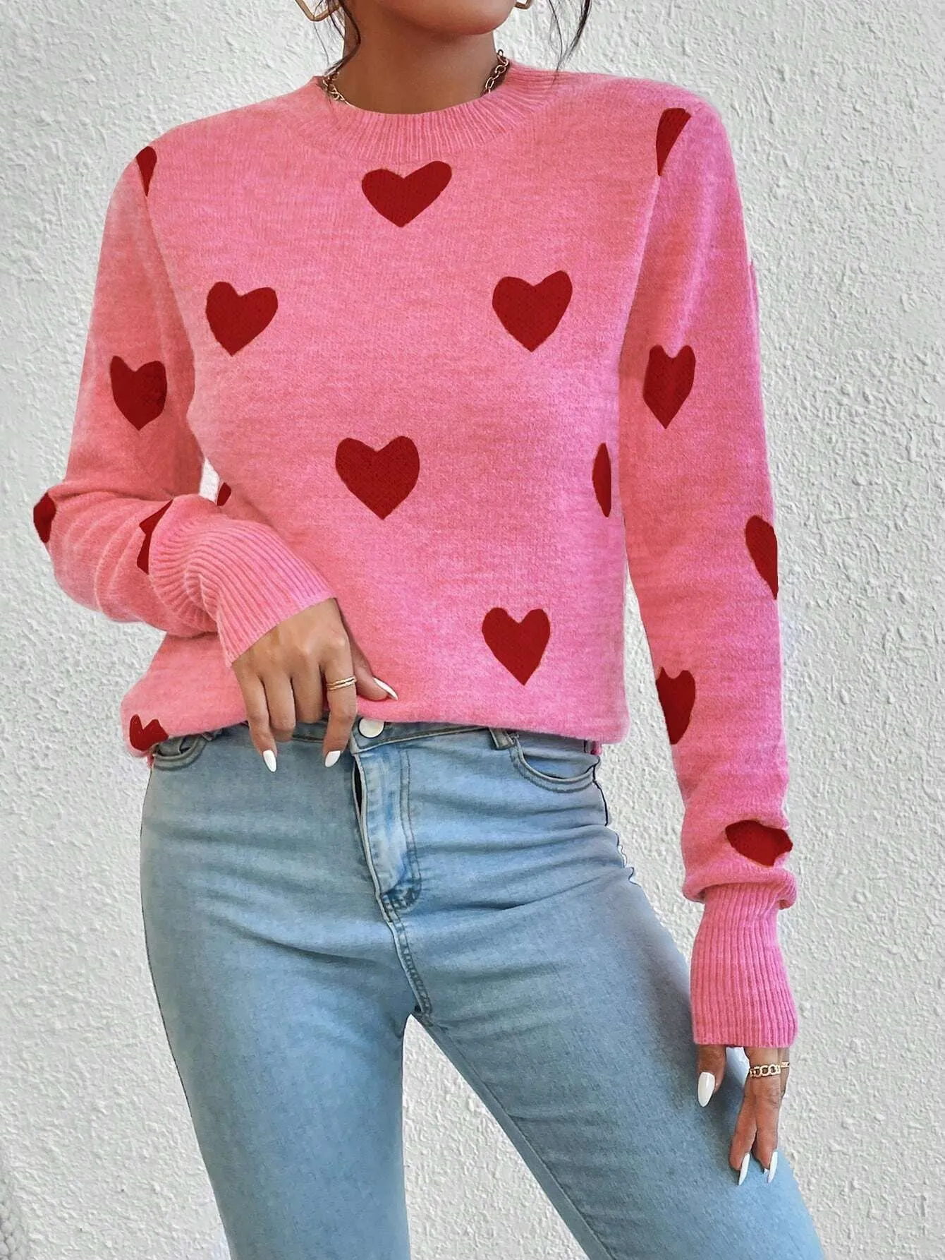 Leisure Heart Jacquard Long Sleeve Crew Neck Pullover Jumper