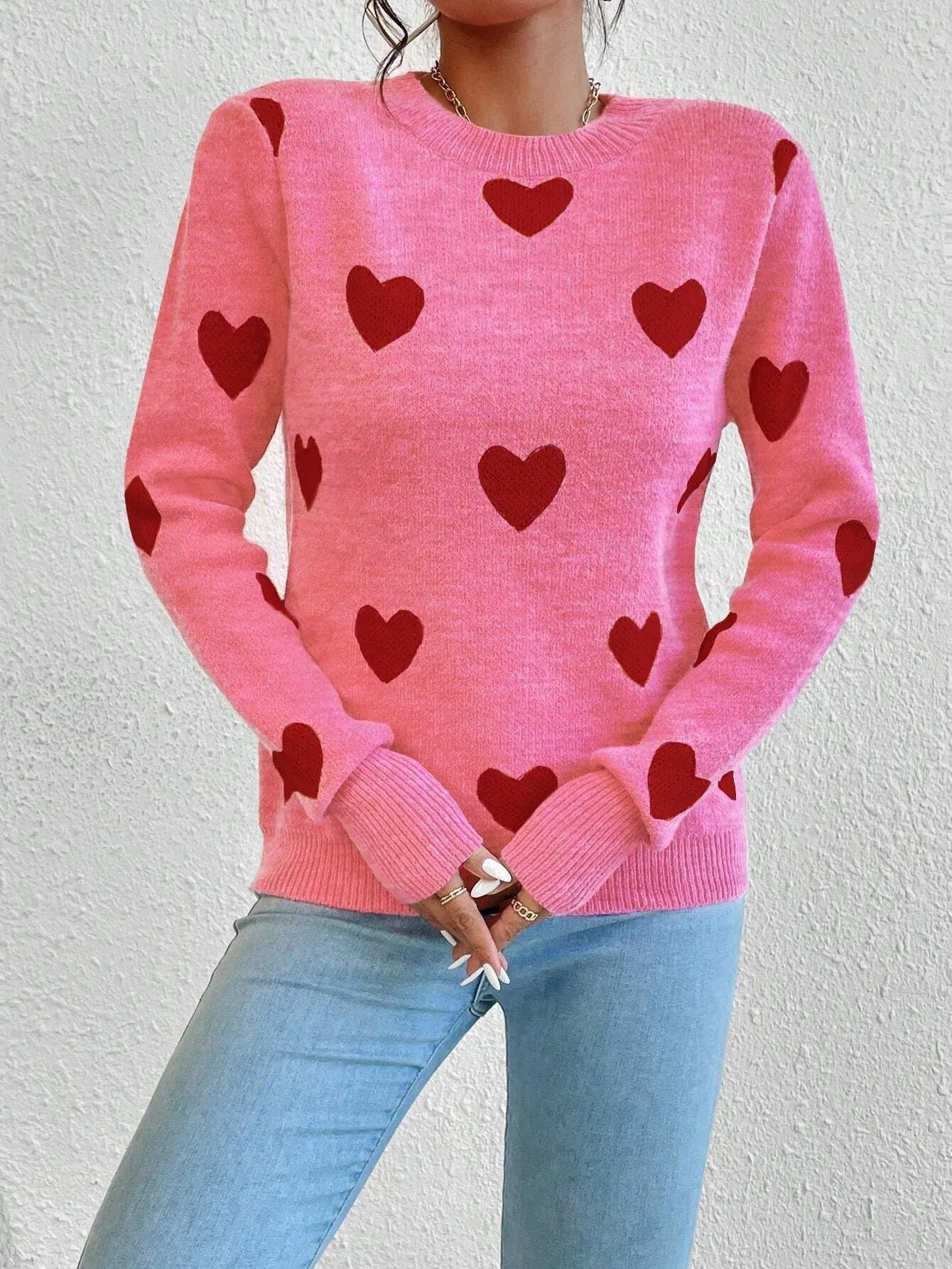 Leisure Heart Jacquard Long Sleeve Crew Neck Pullover Jumper